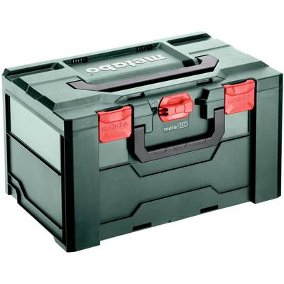 Grøn Metabo metalstoragekasse til værktøj med sort håndtag og røde lukkeklips, vist på hvid baggrund.