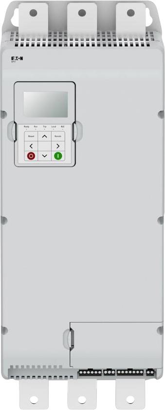 En grå elektronisk kontrolenhed med et digitalt display, kontrolknapper og tre metaltilslutningspunkter øverst.