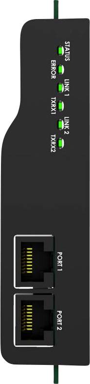En sort netværksenhed med LED-indikatorer mærket 'Status', 'Link 1', 'Link 2', 'Fejl', 'Port 1' og 'Port 2'. To Ethernet-porte nedenunder.
