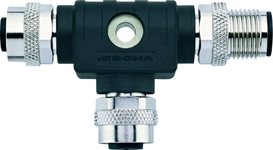 En T-formet industriel stikforbindelse med metalliske fittings i hver ende, egnet til at forbinde kabler i industrielle eller tekniske miljøer.