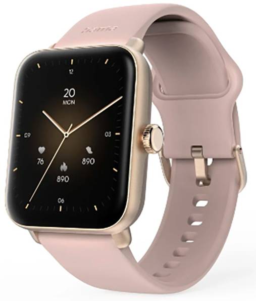 Et smartwatch med et lyserødt rem viser helbredsmetrics: hjertefrekvens, antal skridt og forbrændte kalorier. Datoen '20' og måneden 'ACN' er vist.