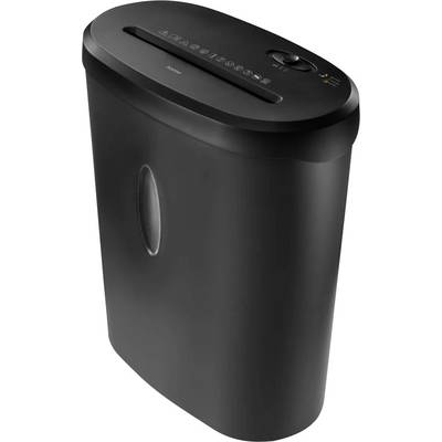 Sort papirmakuleringsmaskine med en skrå top, der viser betjeningsknapper og ikoner, som angiver forskellige materialer, den kan makulere.