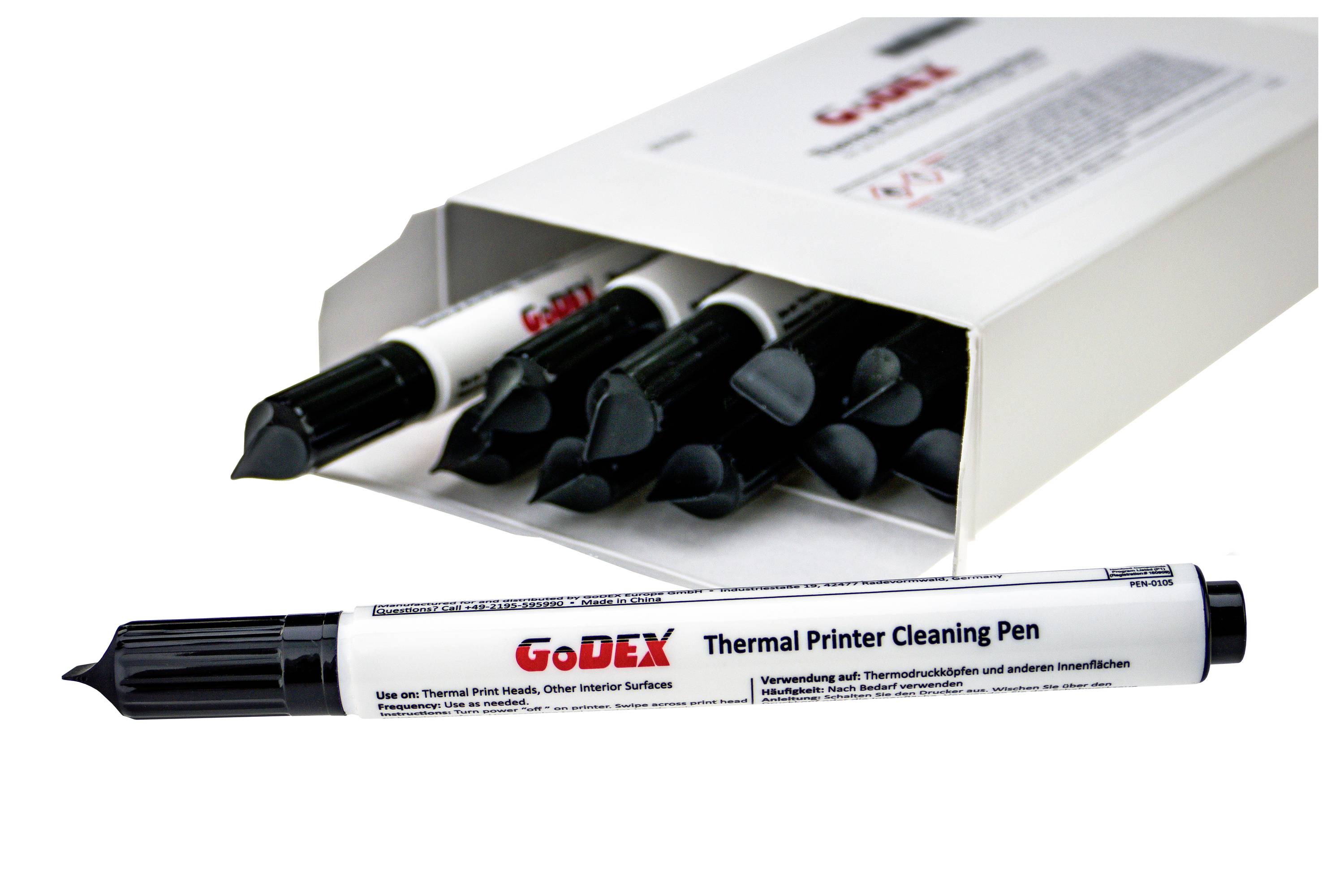 'GoDEX termisk printer rensepen' vist uden for en åben æske med lignende sorttoppede penstifter. Bruges til rengøring af termiske hoveder og overflader.