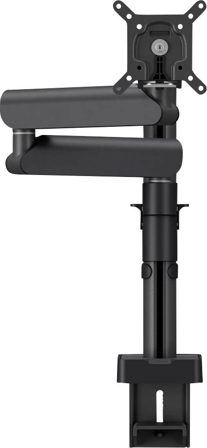 En sort justerbar monitorarm med en klembase, designet til at fastgøre og positionere en skærm, set fra siden.
