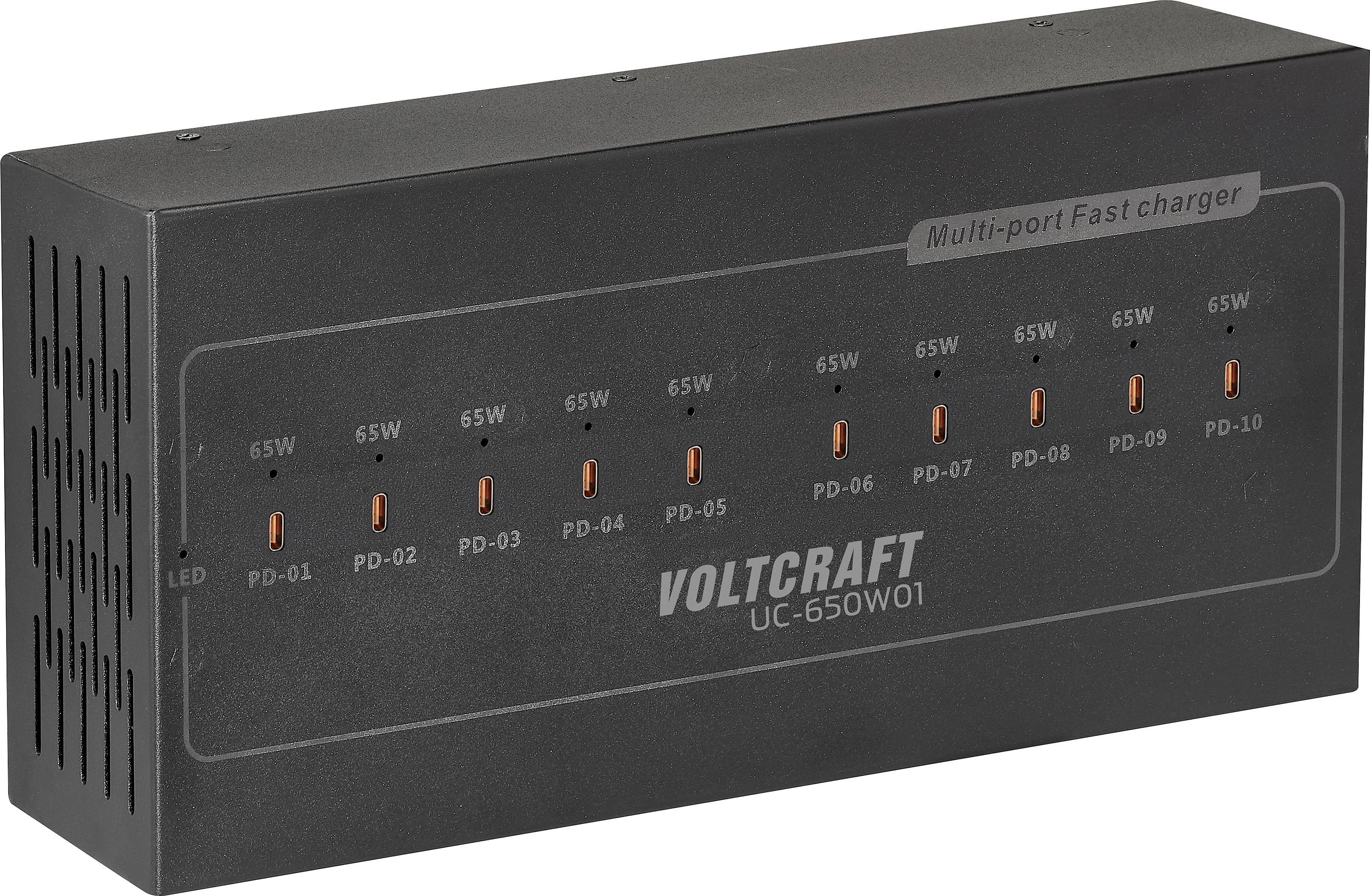 Sort VOLTCRAFT UC-650W01 multiport hurtiglader med ti 65W USB-C-porte mærket PD-01 til PD-10 og en LED-indikator.