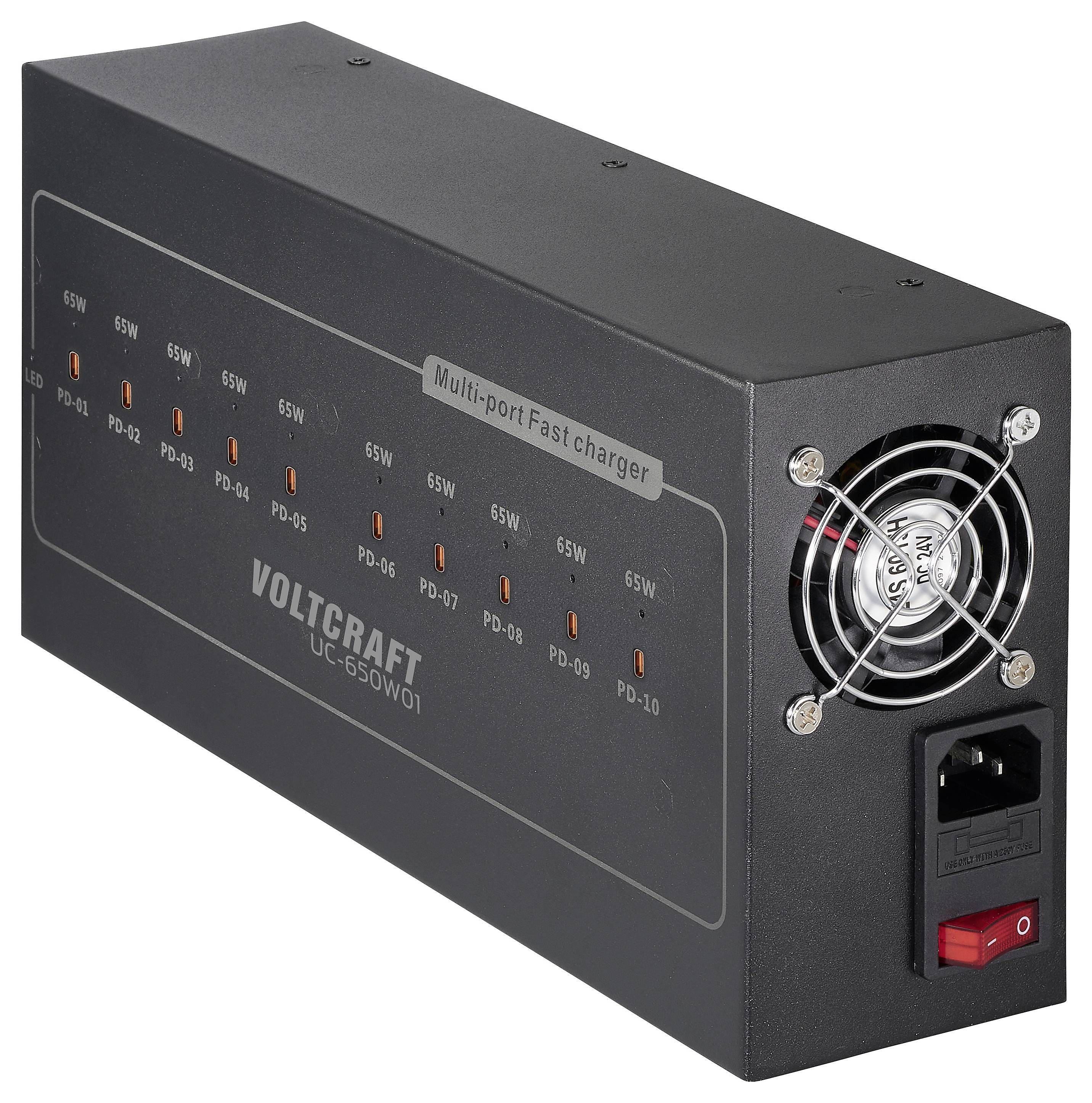 Sort VOLTCRAFT multiport hurtigoplader med 10 USB-C PD-porte, køleventilator, AC-strøminput og rød tænd/sluk-kontakt.