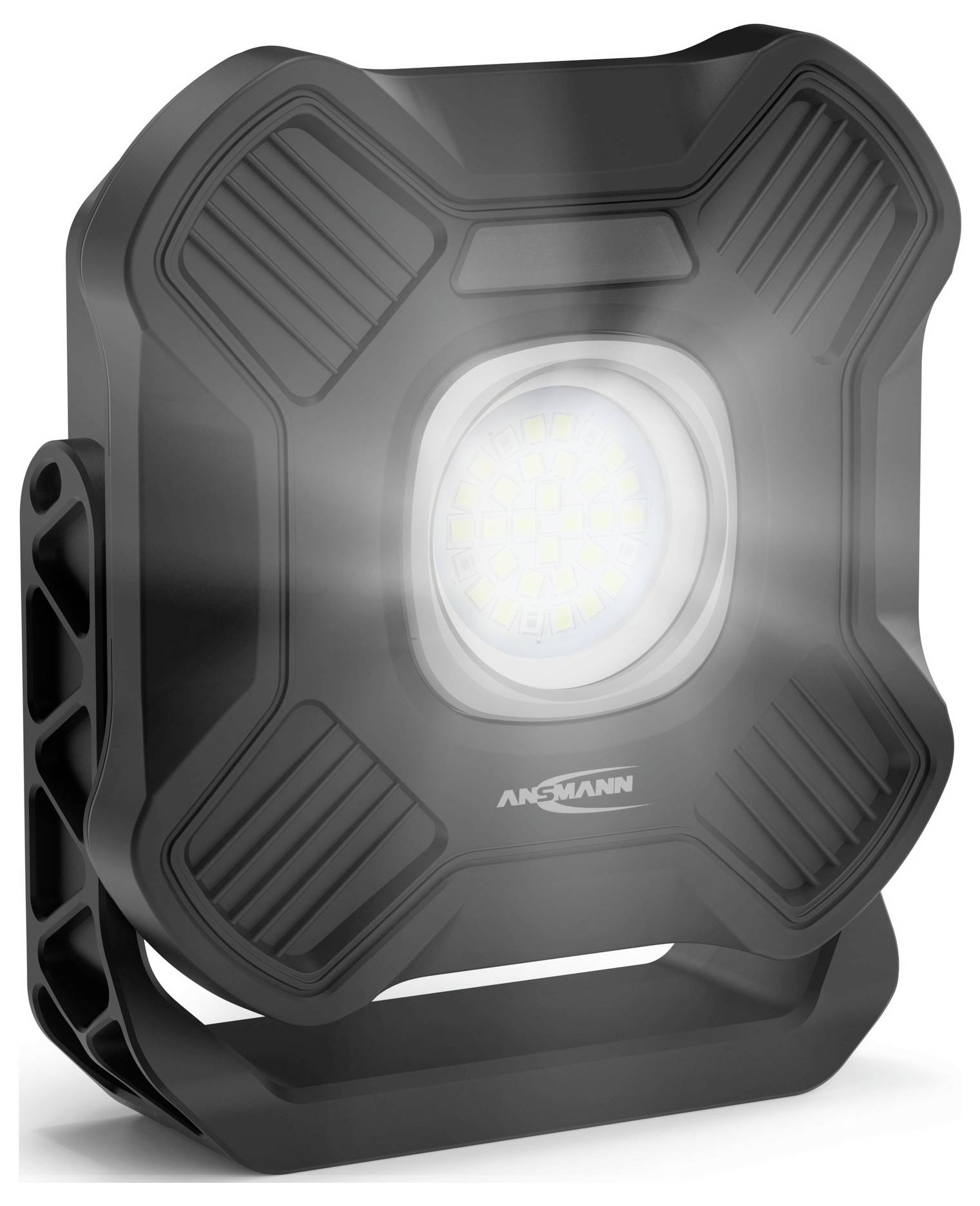 Bærbar LED-arbejdslampe, som udsender kraftigt hvidt lys, indkapslet i en robust sort ramme med riller og et håndtag på siden.