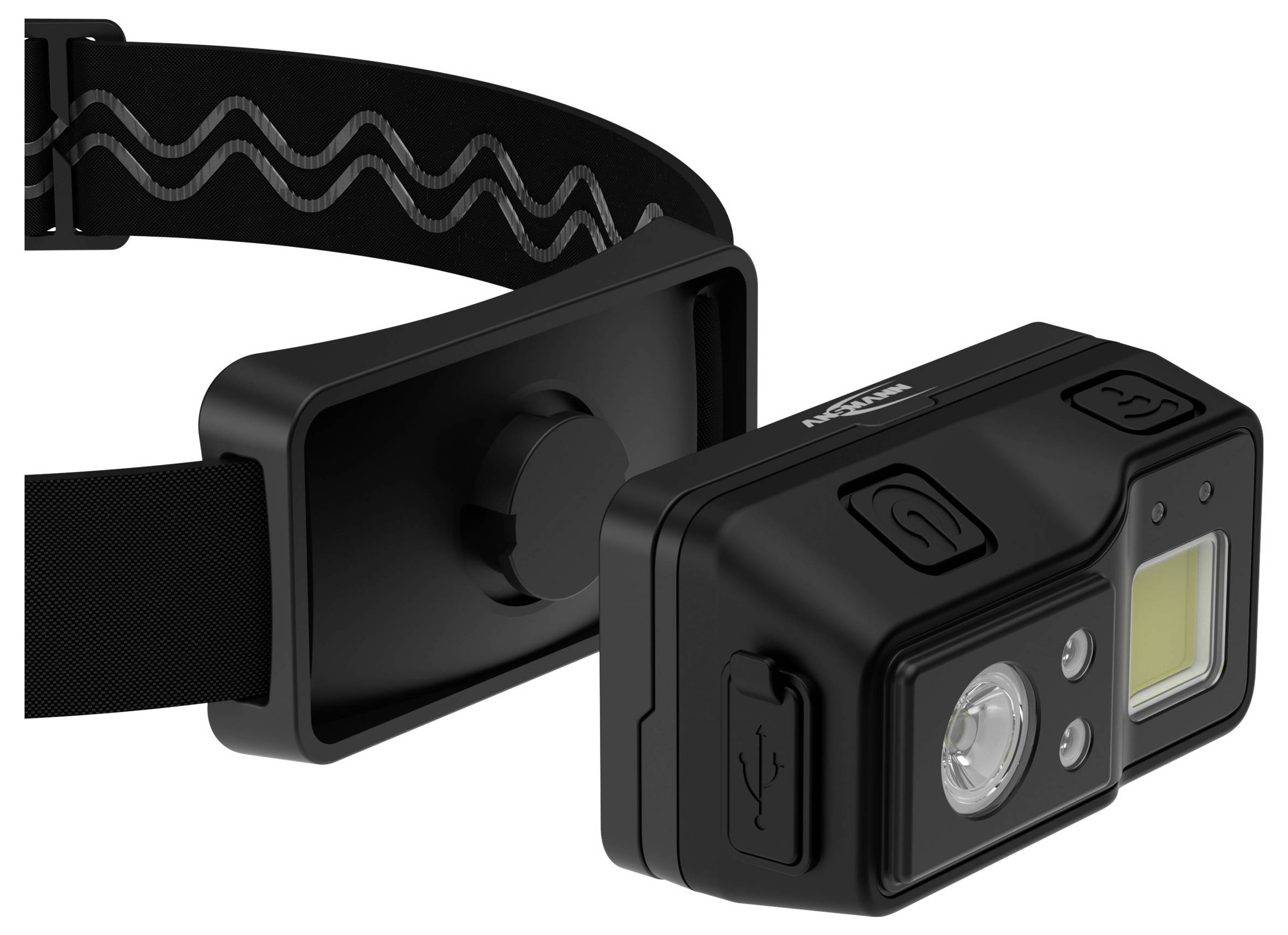 En sort pandelampe med en justerbar rem med en bølget mønster, LED-lys, USB-opladningsport og tænd/sluk-knapper øverst.