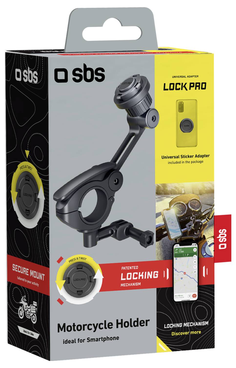 'Motorcykelbeholder til smartphones' emballage viser produktbilledet. De fremhævede funktioner inkluderer 'Sikker montering' og 'Lock Pro'.