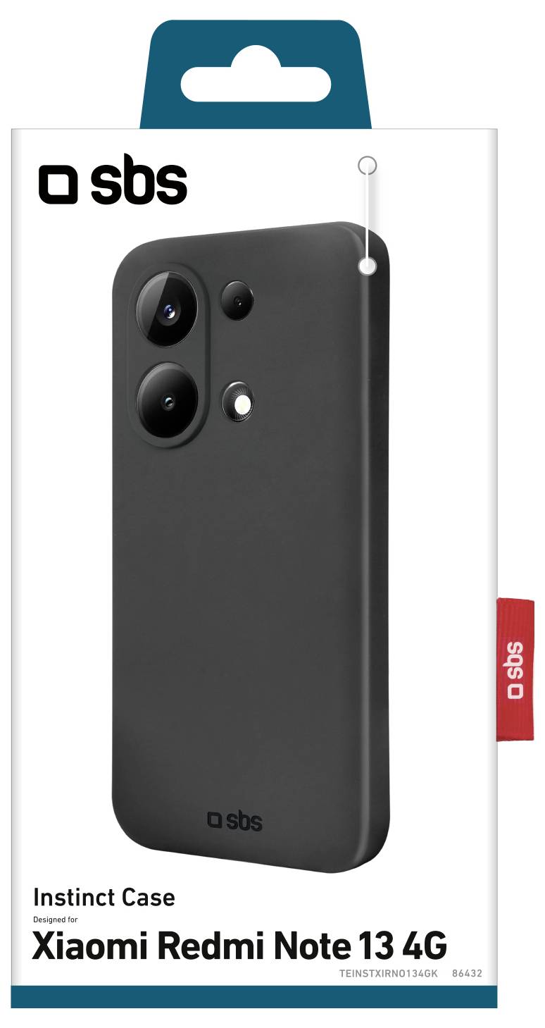 'Instinct Case af SBS til Xiaomi Redmi Note 13 4G' emballage, der viser et sort telefonetui med kamerasnit.