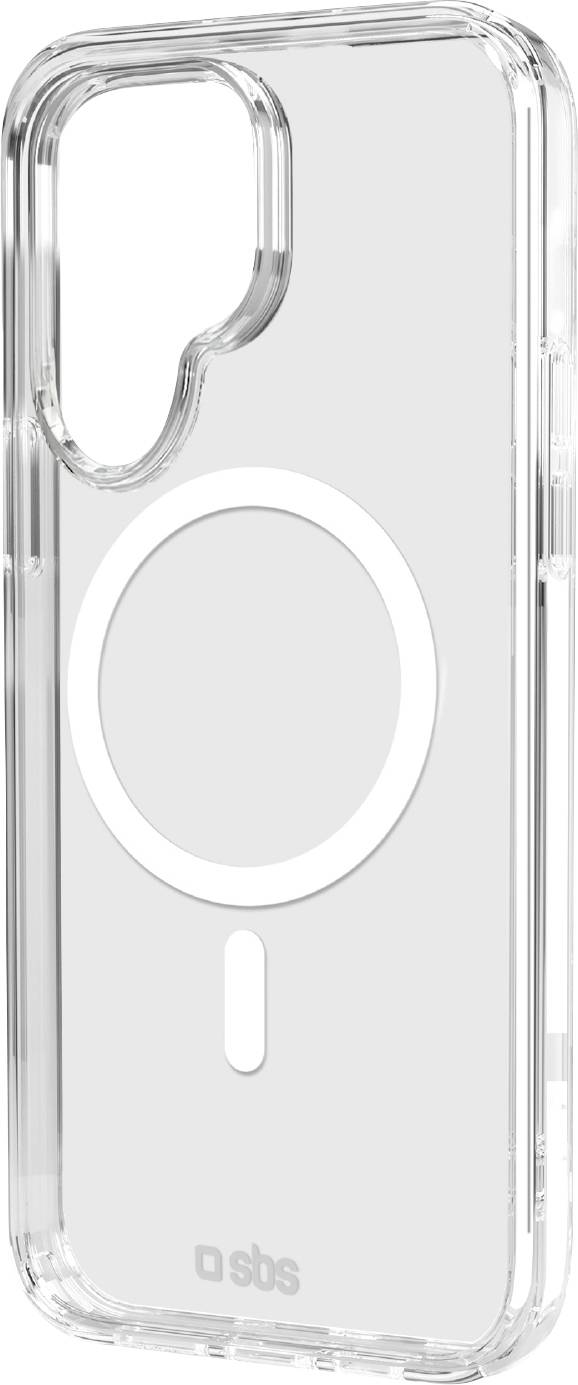 Et klart smartphoneetui med en cirkulær magnetomrids, designet til MagSafe-kompatibilitet, som viser brandlogo'et i bunden.