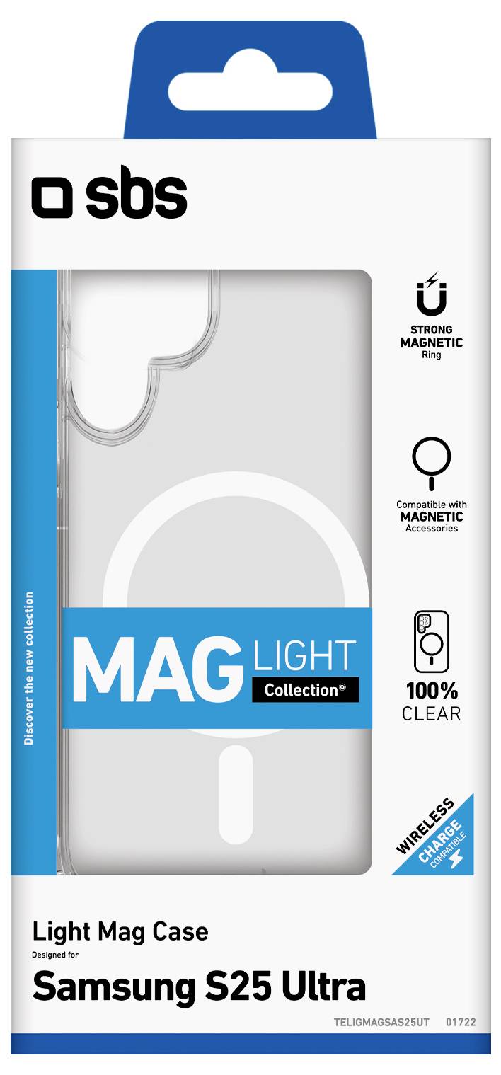 'Gennemsigtigt telefoncover med magnetiske ringe designet til Samsung S25 Ultra, mærket 'MAG Light Collection' og '100% gennemsigtig.' Kompatibel med trådløs opladning.'