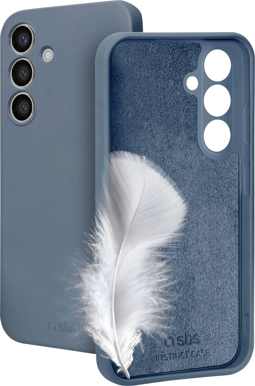 Dobbeltvisning af et blåt telefoncover med fjerillustration indeni, der viser tre kameraudskæringer.