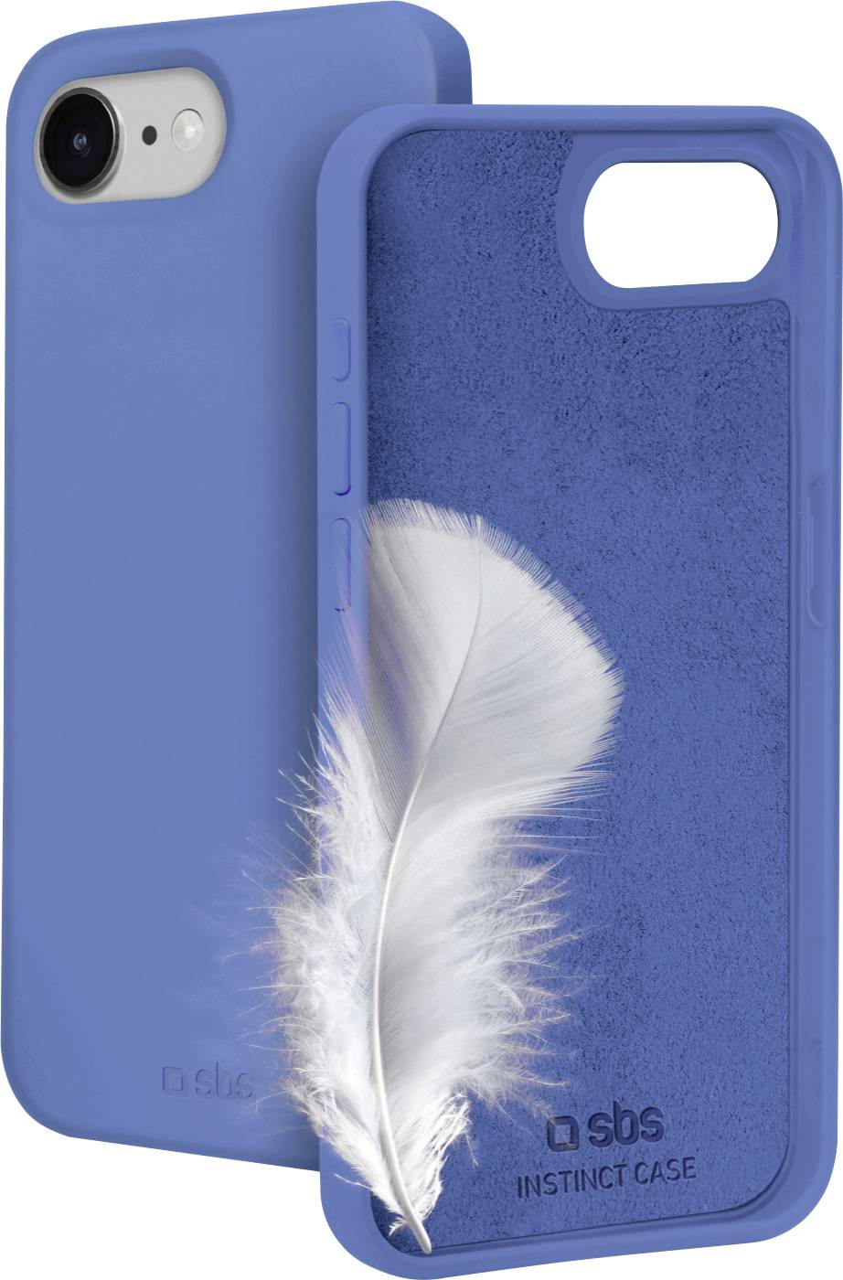 Blå telefoncover med blødt interiør og hvidt fjerdetalje.