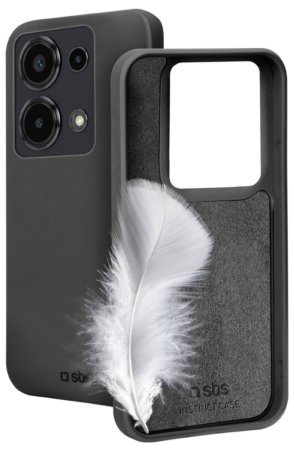 Et sort smartphonecover med en fjer, som antyder et letvægtdesign. Fjeren er placeret på tværs af et af coverne.