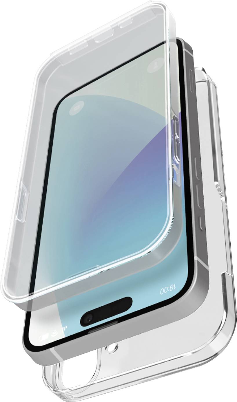 Et gennemsigtigt telefonetui, der viser en åben visning og afslører både forside og bagside dækning til smartphone-beskyttelse.