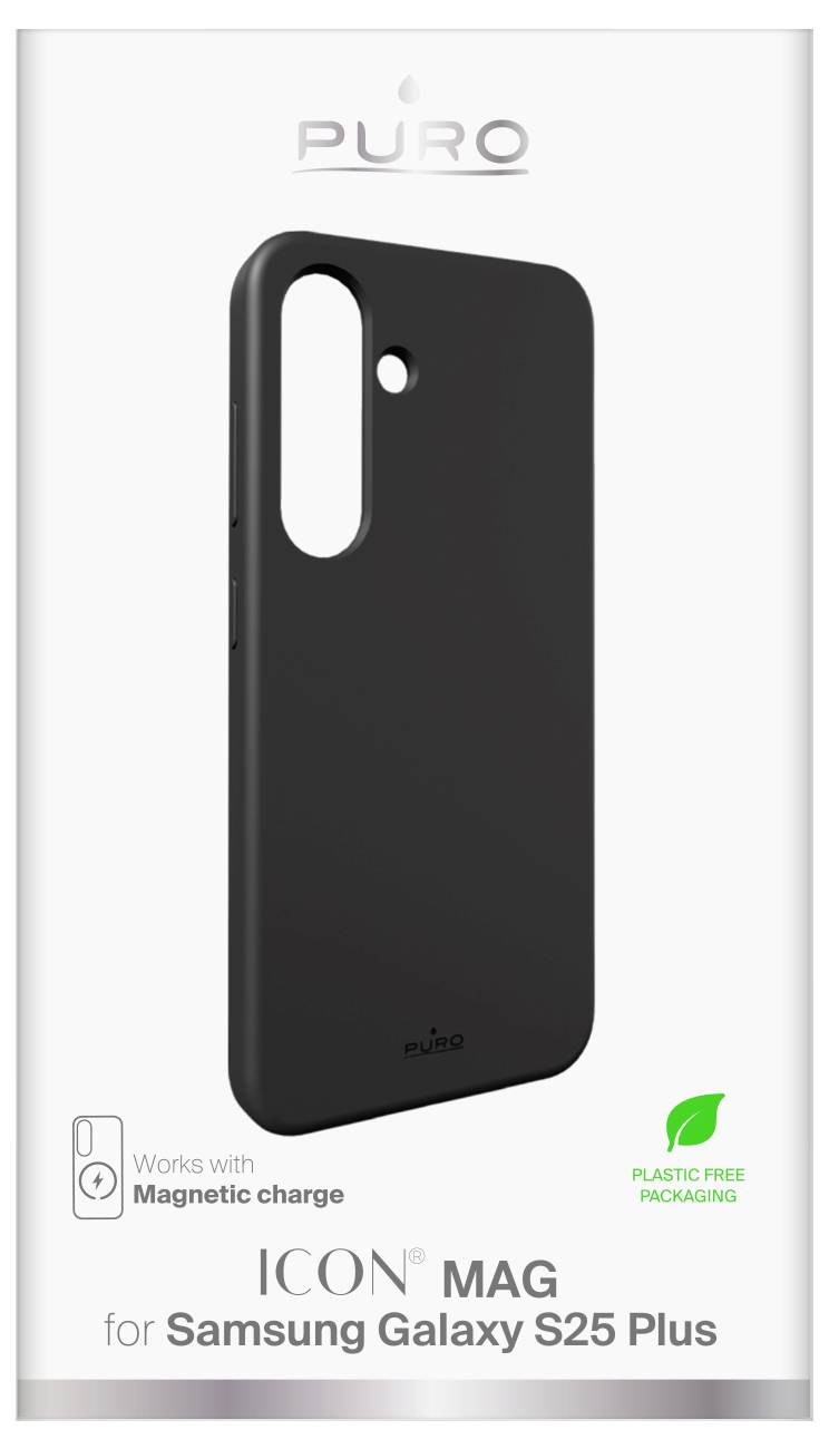'Icon Mag' telefoncover til Samsung Galaxy S25 Plus, kompatibel med magnetisk opladning, i plastikfrit emballage fra Puro.