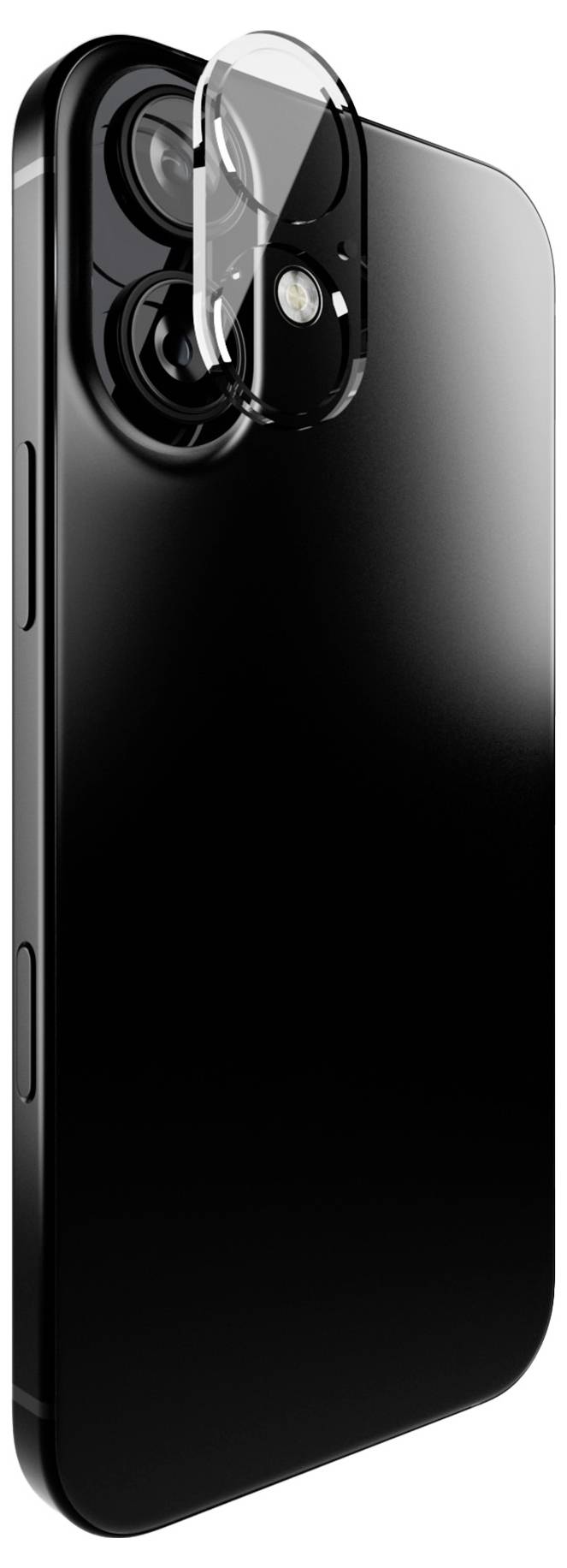 En smartphone med et transparent, fleksibelt etui, der delvist dækker den, og som viser kameraet og portene.