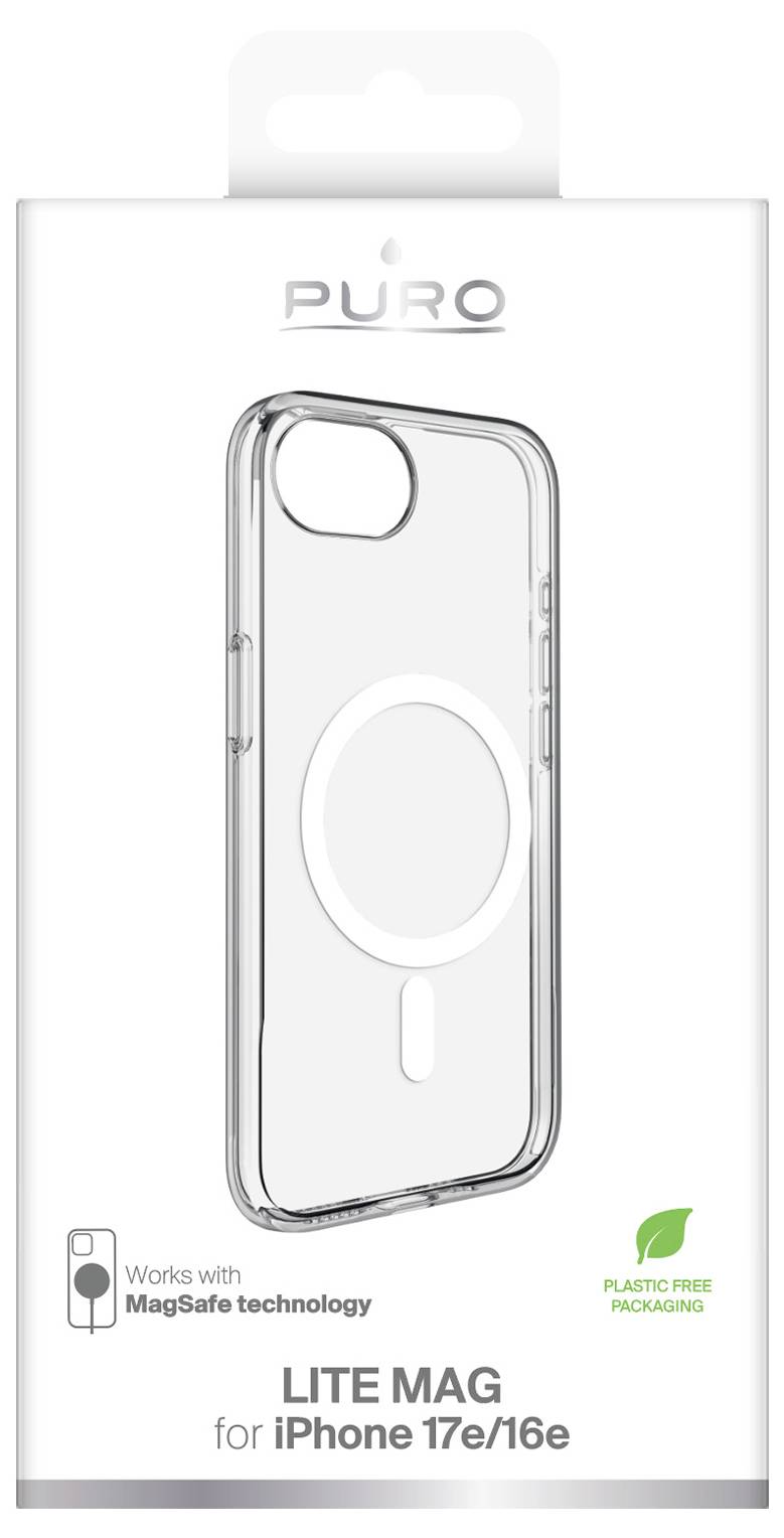 Et beige smartphonecover med en cirkulær fordybning i midten til MagSafe-kompatibilitet. Coveret har hævede kanter til beskyttelse.