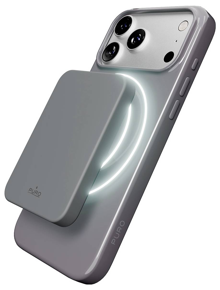 Et grå 'Pluro Icon Mag Pro' telefonetui til iPhone 16 Pro, kompatibelt med MagSafe-teknologi, vist på emballage med plastfrit symbol.
