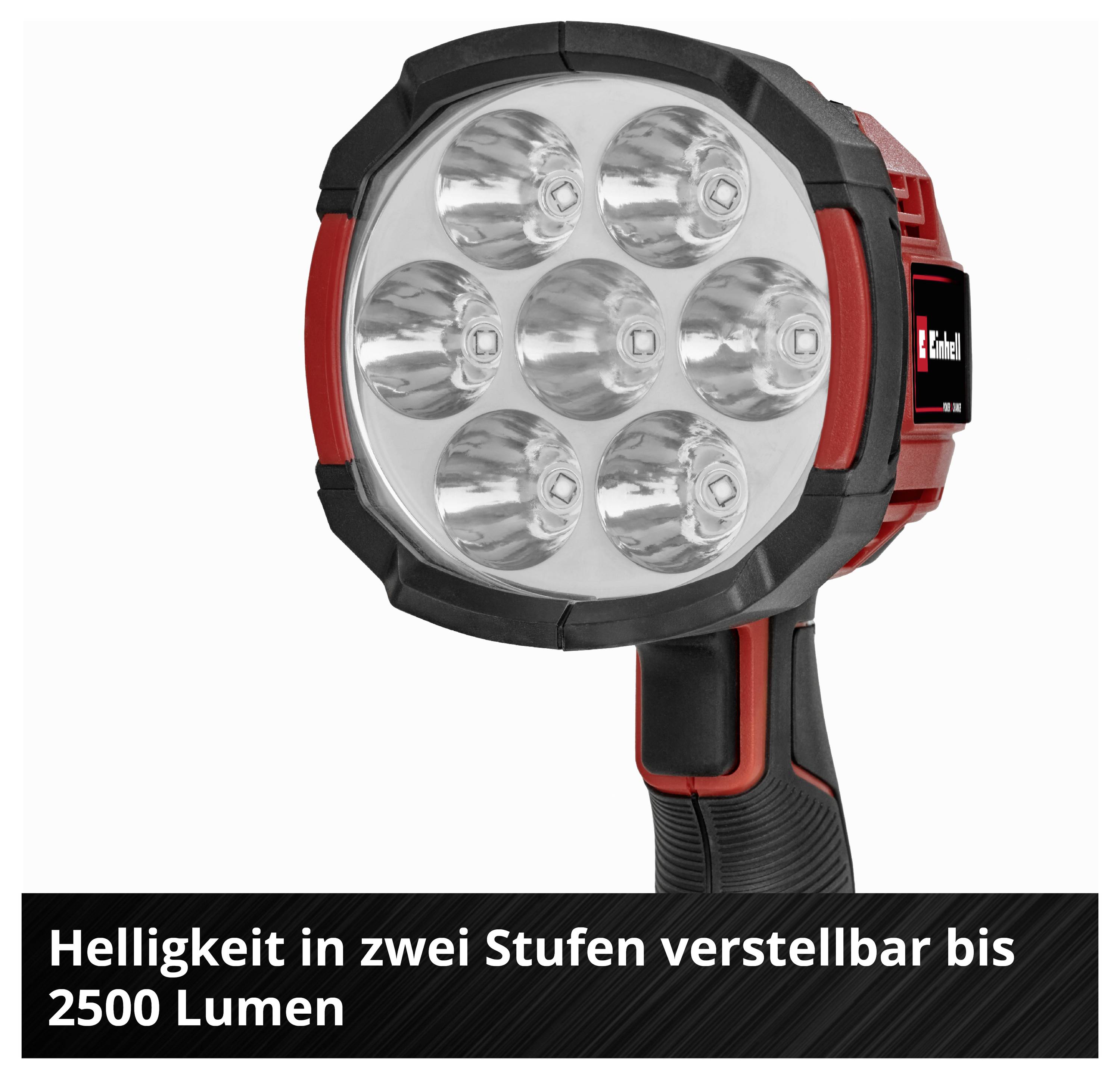 Akku-projektør med syv LED'er. Lysstyrke justerbar i to niveauer op til 2500 lumen, designet i sort og rød.