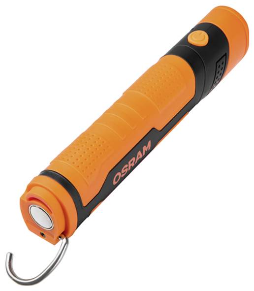 Orange og sort håndholdt lommelygte med en krog, mærket 'OSRAM', placeret horisontalt, med en tændingsknap og struktureret greb.