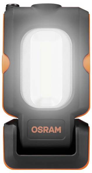 OSRAM-mærket transportabel arbejdslampe med et kraftigt, centralt LED-lys og orange sidedetaljer, designet til håndfri belysning i forskellige miljøer.