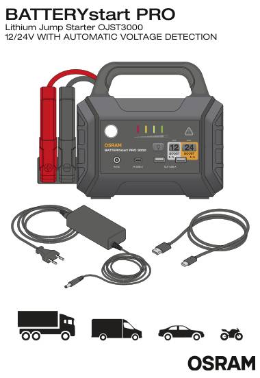 Et grå og sort starthjælp til bil, mærket 'BATTERystart PRO 3000', med kabler, stik og automatisk spændingsdetektionsfunktioner.