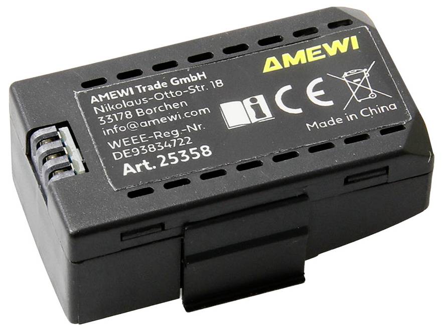 Sort rektangulær batteri med mærkningsetiket med 'AMEWI' logo, kontaktoplysninger, certificeringsmærker og 'Made in China'.