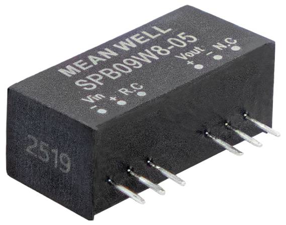En elektronisk komponent, mærket 'MEAN WELL SPB09W8-05', med seks metalben. Mærkninger inkluderer 'Vin + - RC' og 'Vout + - NC'.