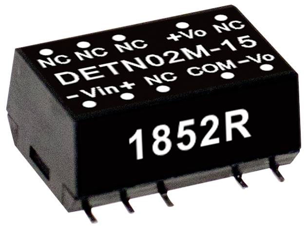 En sort elektronisk komponent mærket '1852R DETN02M-15' med ben. Inkluderer mærkater '+Vo', '-Vin', 'COM', '-Vo' og flere 'NC'.