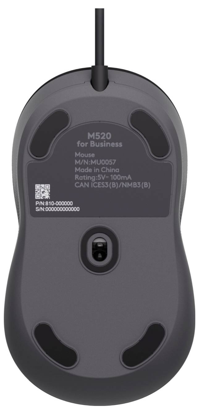 Undersiden af en sort computermuse viser modellen 'M520 for Business', fremstillet i Kina, med en QR-kode og serienumre.