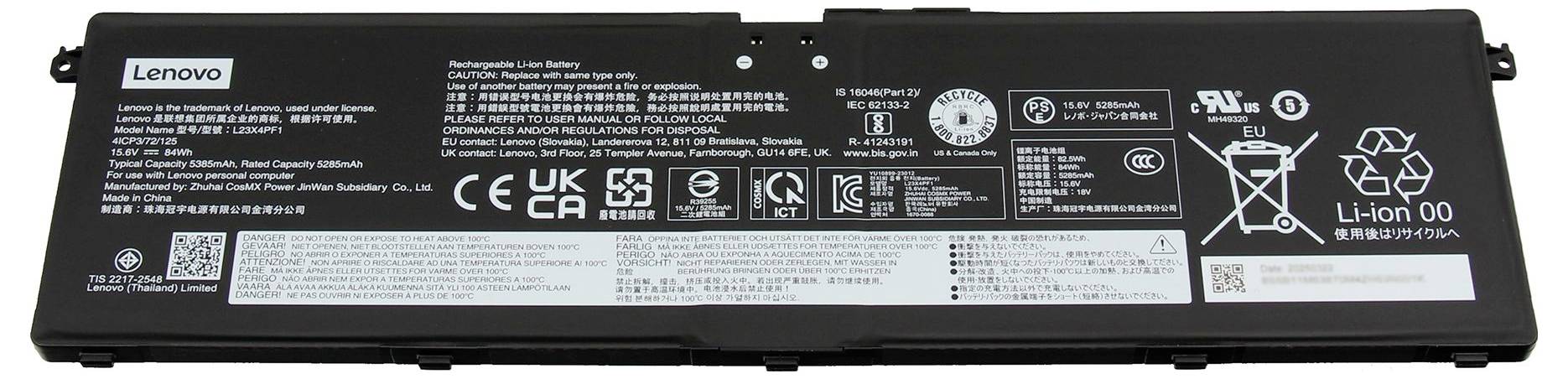 'Lenovo genopladeligt Li-ion batteri, model L18C4PF4, 15,36V, 52,5Wh, 3430mAh, til bærbare computere. Sikkerhedssymboler og regulatoriske etiketter synlige.'
