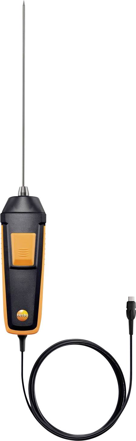 Et håndholdt digitalt temperaturmåleinstrument med en lang metallisk sensor, sort håndtag og orange detaljer. Det har en forbindelseskabel tilsluttet i bunden.