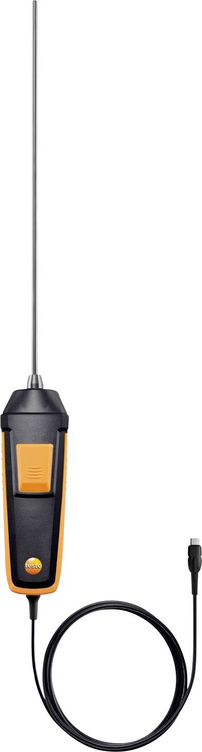 Et digitalt temperaturmåleinstrument med en lang metalsensor og et orange og sort håndtag forbundet til en kabel, som bruges til temperaturmåling.