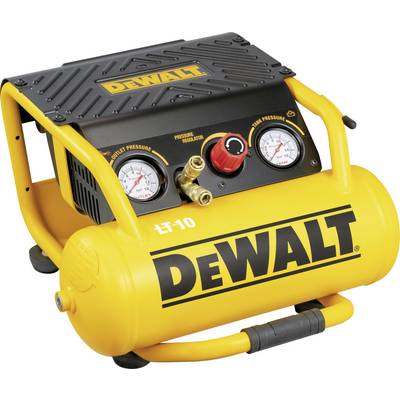 En gul DeWalt bærbar luftkompressor med trykmanometre og en regulatorknap, designet til at fylde luft i og drive pneumatiske værktøjer.