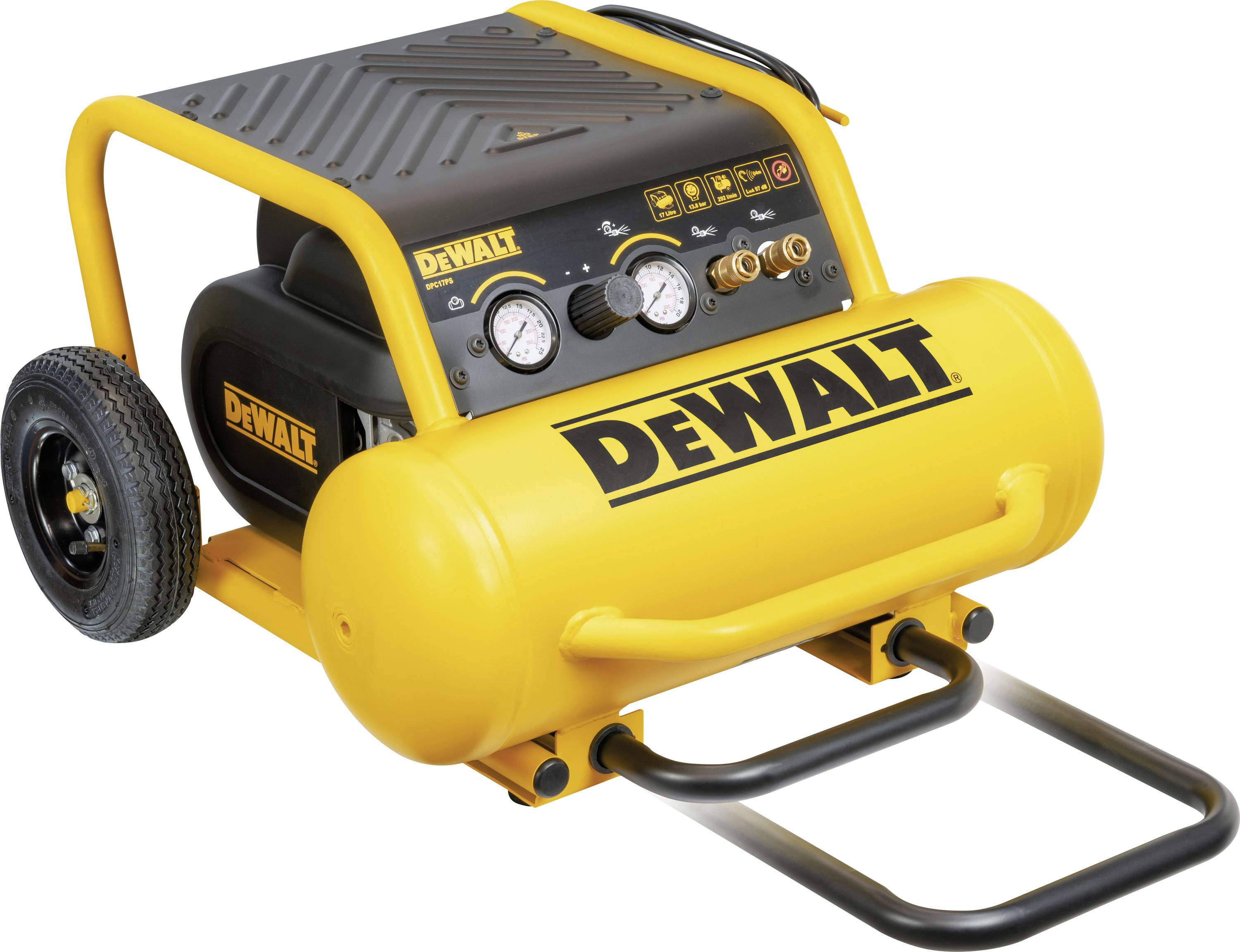 En gul DEWALT bærbar luftkompressor med trykmanometre og et håndtag, designet til nem transport og effektiv drift.