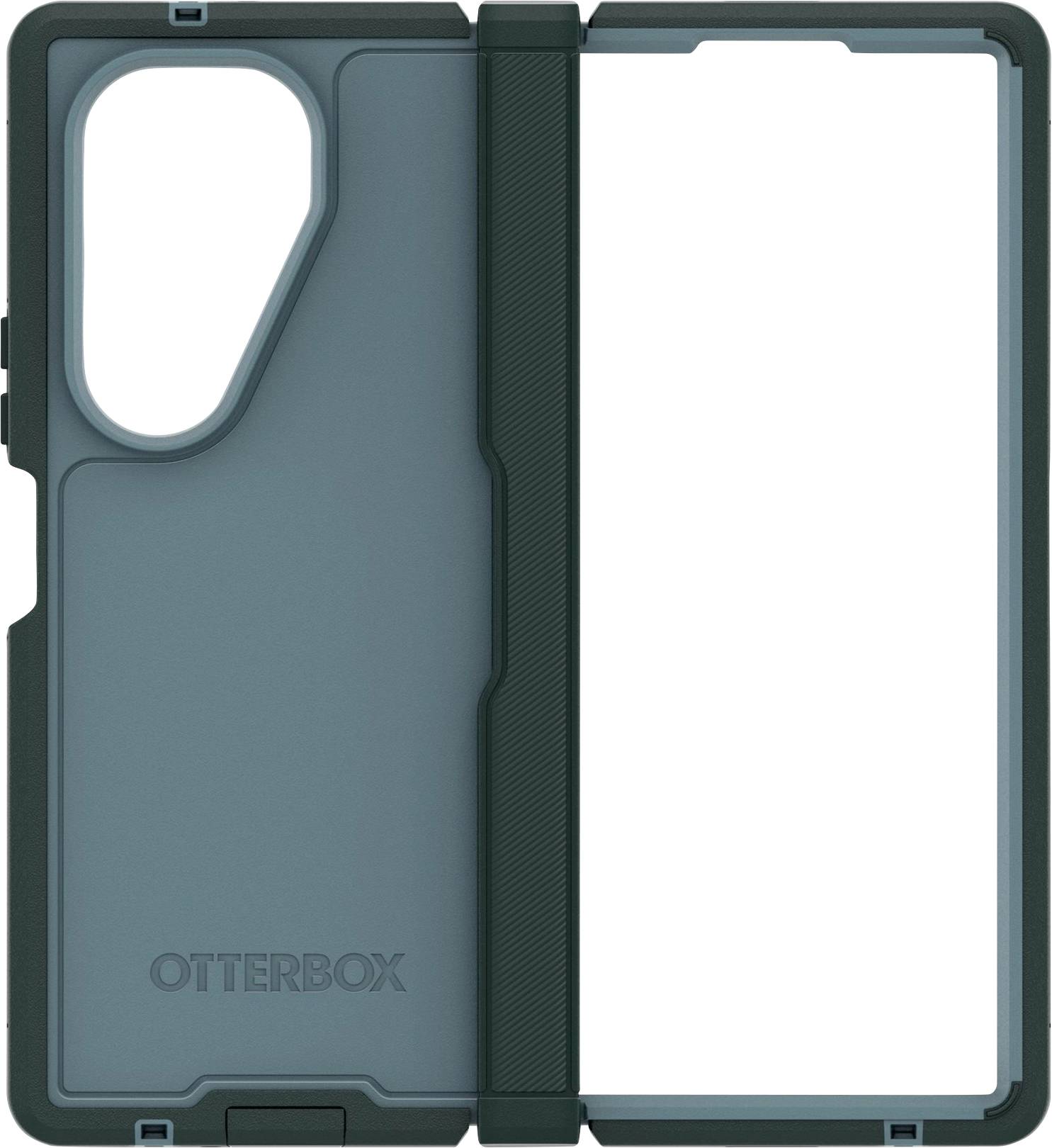 Et grønt OtterBox telefonomslag designet til en foldbar telefon, vist liggende åben for at vise både ydersiden og skærmsiderne.