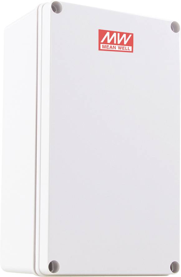 Et rektangulært hvidt elektronisk kabinet med en rød 'MEAN WELL' logo på toppen.