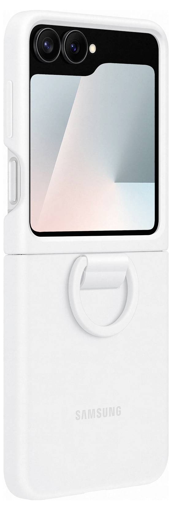 Et hvidt Samsung-telefoncover med et kickstativ vises, hvor der lægges vægt på dets beskyttende design. Toppen har kamerahul og en glat overflade.