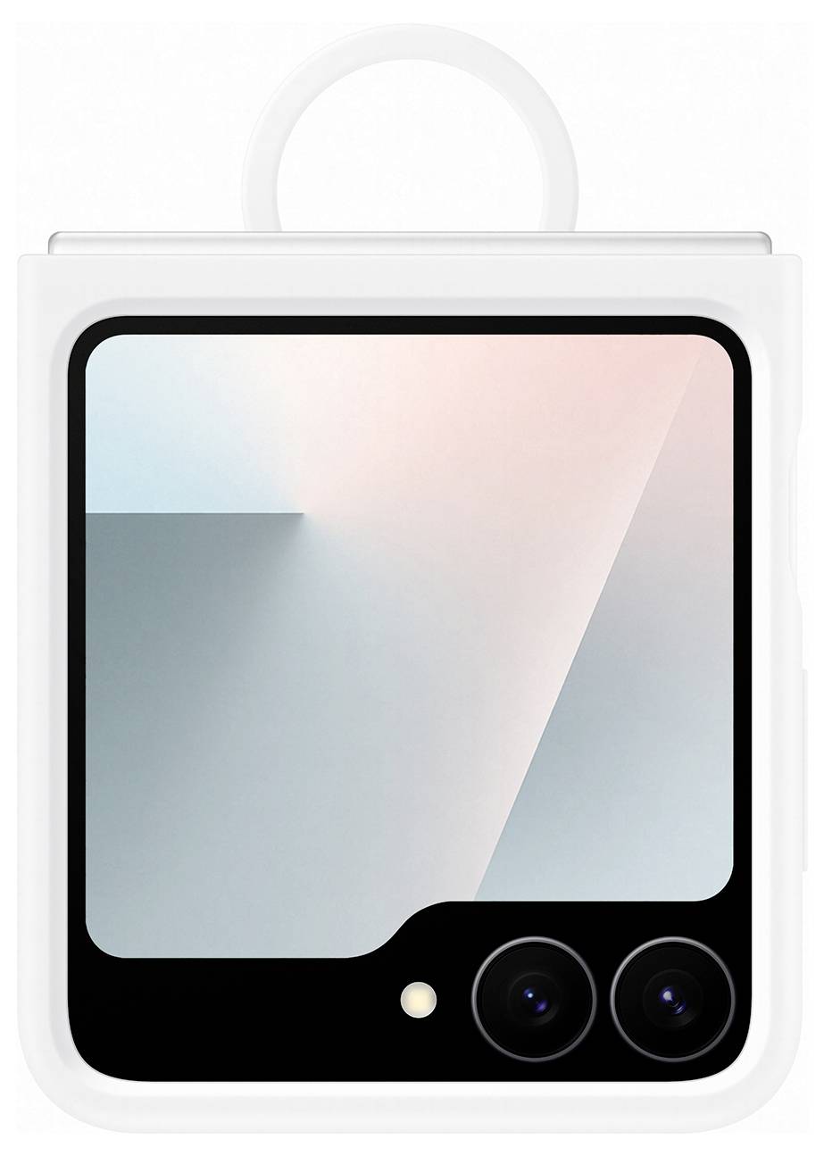 Et minimalistisk smartphone-etui med et klart, hvidt design og dobbelte kamera-udskæringer, der viser et abstrakt pastelkunstværk på skærmen.