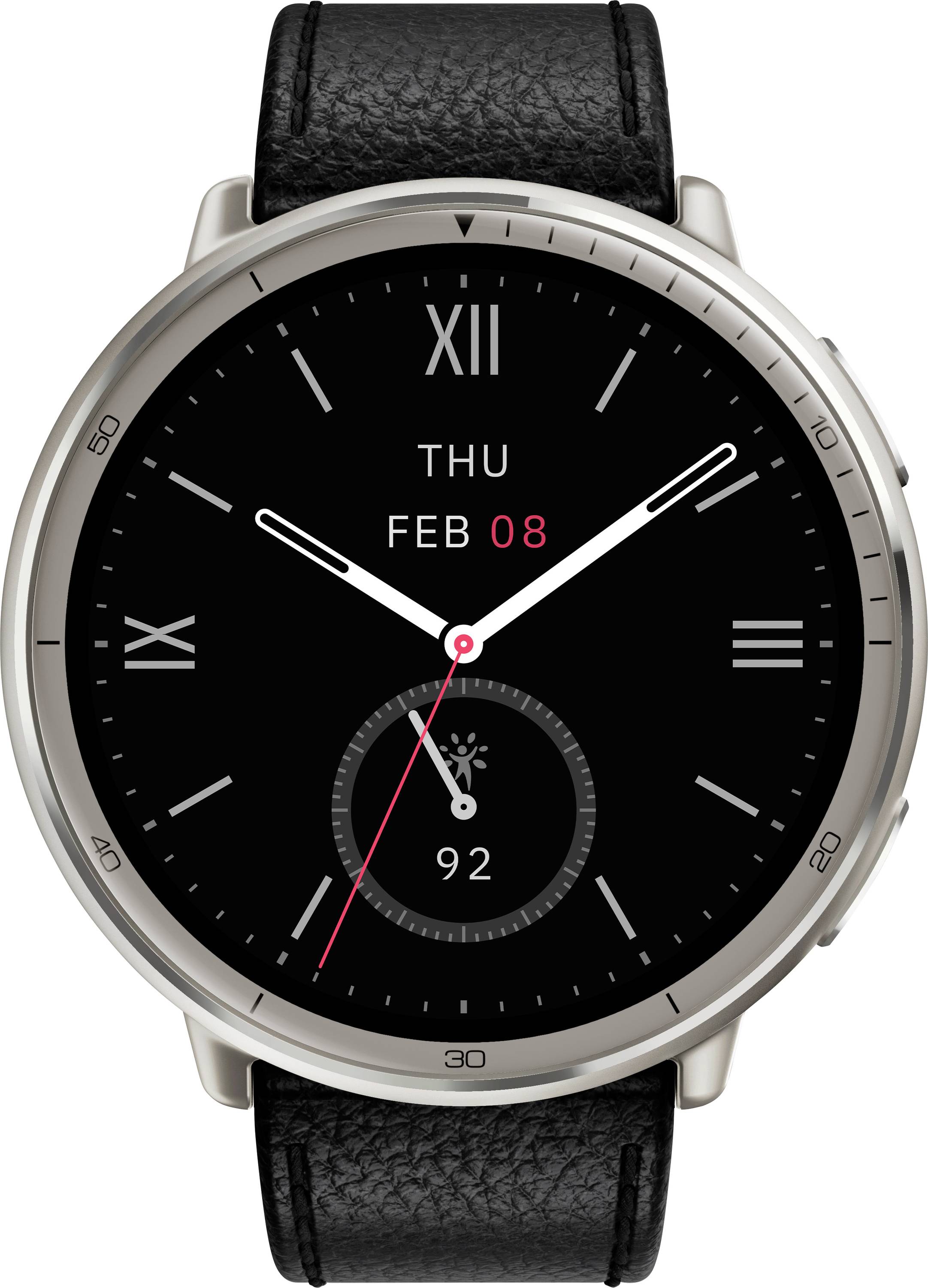 Smartwatch der viser analog tid med hvide visere, digital dato 'TOR FEB 08', og hjertefrekvens på 92 slag per minut på et sort læderrem.