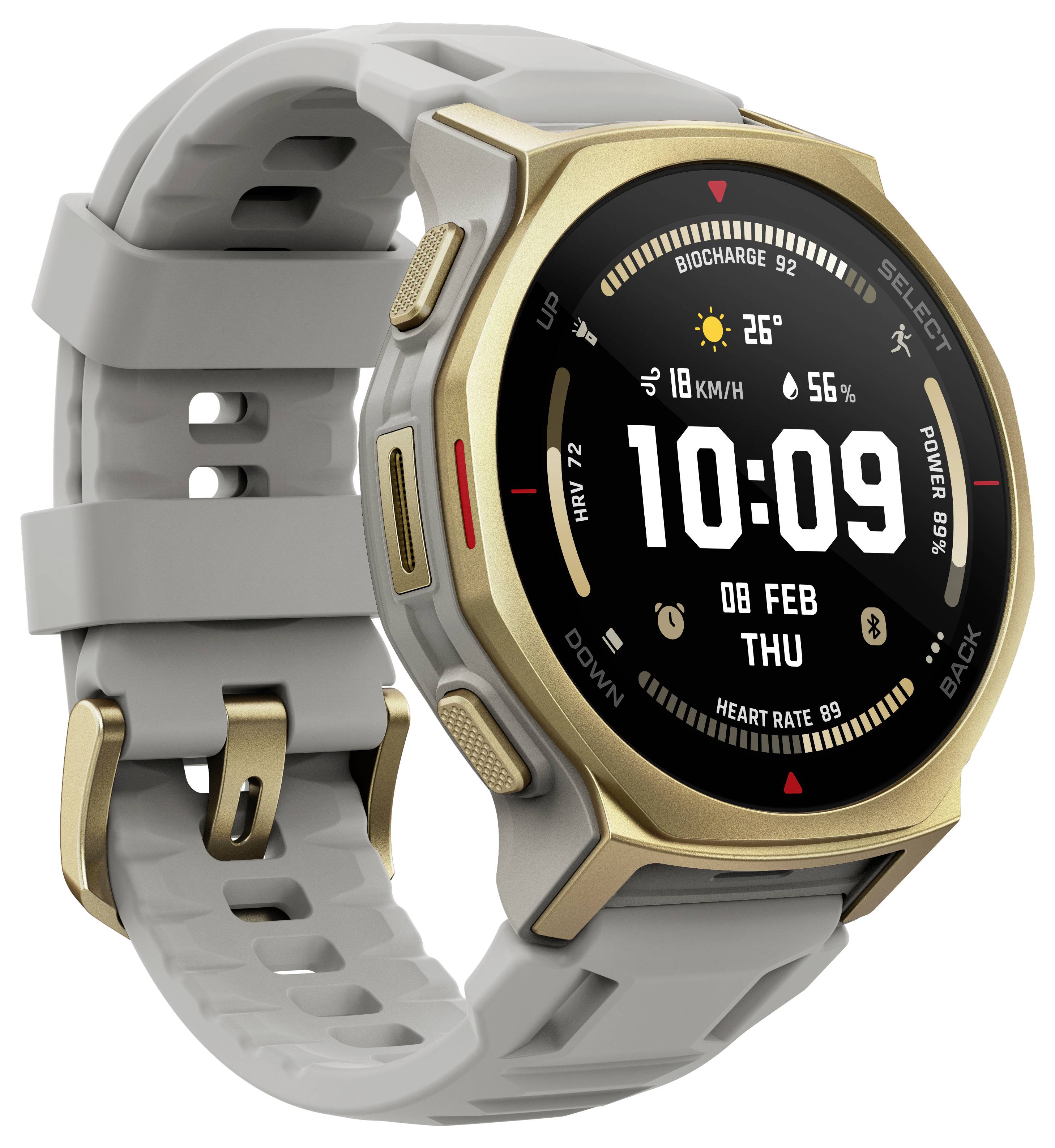 Et smartwatch med en guldbezel og gråt bånd viser tiden som '10:09', datoen som '08 Feb Tor', hjertefrekvens 82 BPM og andre måleenheder.