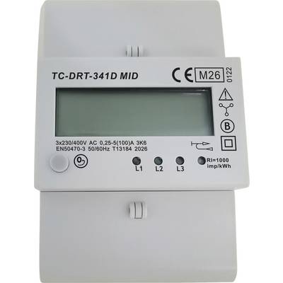 Digitalt elmåleur med tomt LCD-display, mærket "TC-DRT-341D MID", viser CE-mærkning og indikatorlamper L1, L2 og L3.