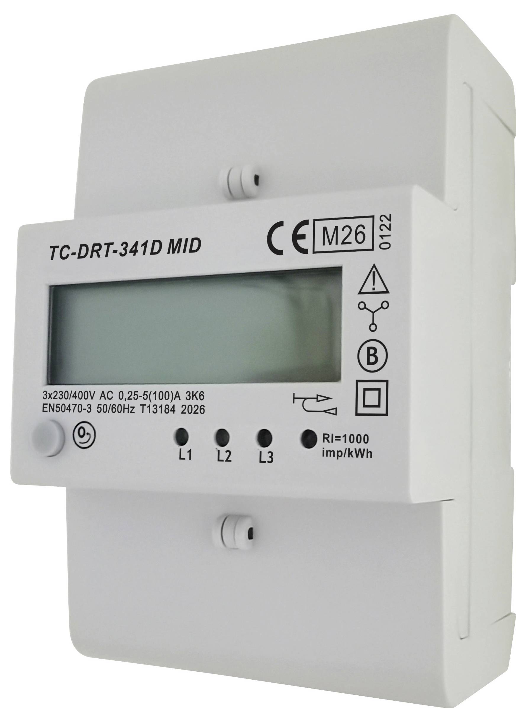 Hvidt digitalt elmålersæt med display, mærket 'TC-DRT-341D MID', CE- og M26-markeringer samt L1, L2, L3-indikatorer.
