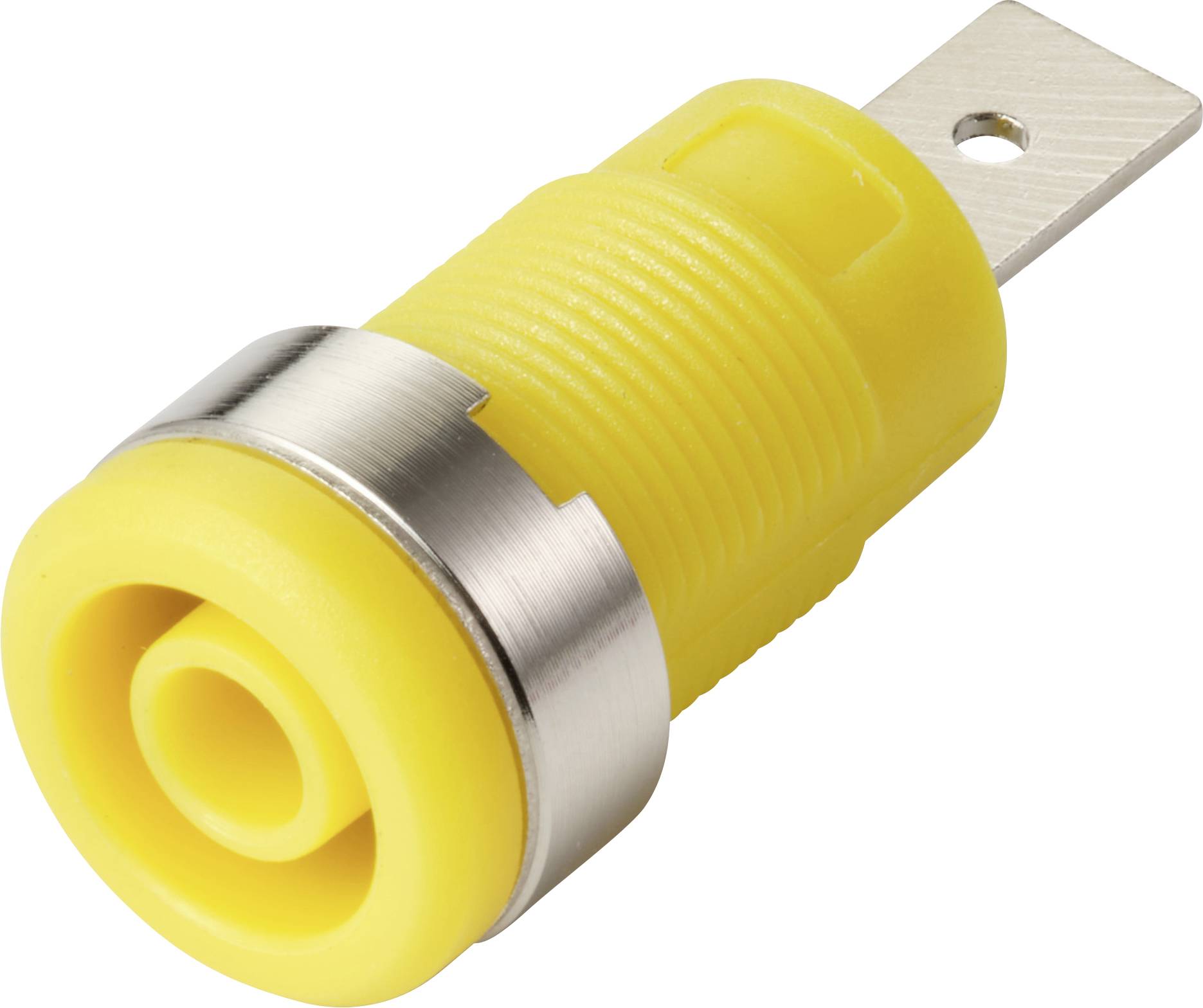 En gul isoleret elektrisk stik med en metalring og en terminal.
