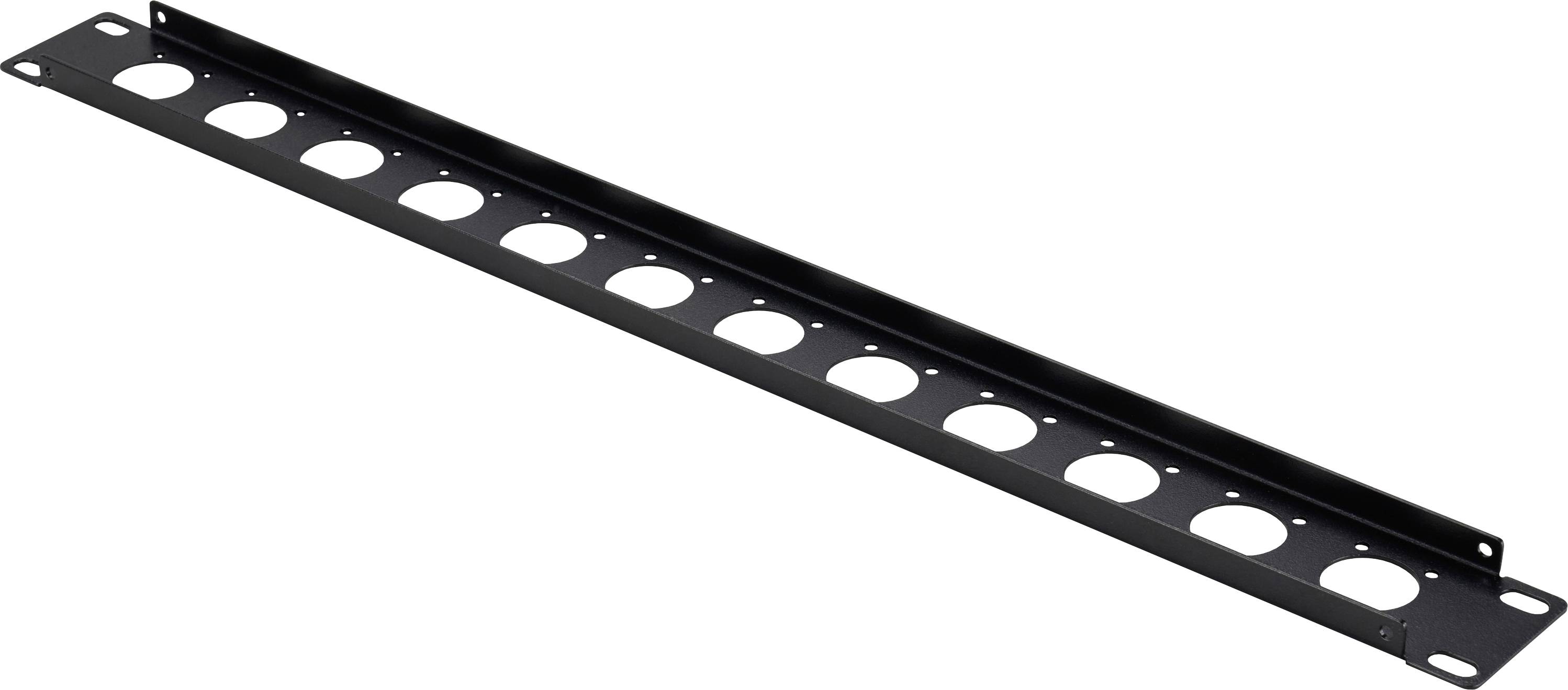 Sort metalpanel til rack med flere runde ventilationshul og monteringshul i begge ender.