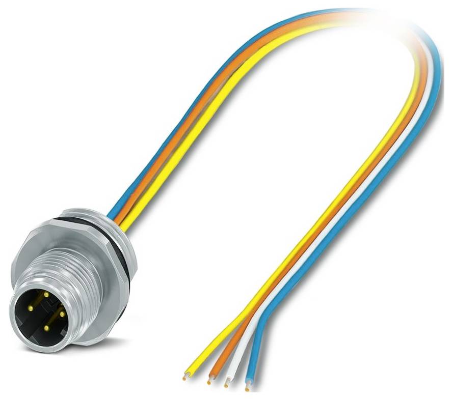 En cirkulær metalstik med fire eksponerede farvede ledninger – gul, blå, orange og grå – der strækker sig fra dens bagside, hvilket antyder brug i elektronik.