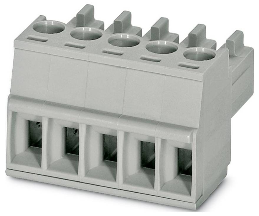 En grå plastikterminalblok med fem forbindingspunkter, brugt til at sikre og organisere elektriske ledninger.