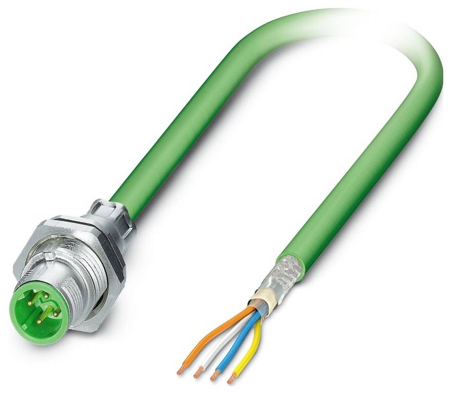 En orange industriel kabel med en sort stik på den ene ende og eksponerede farvede ledninger på den anden ende, som illustrerer dets interne struktur.